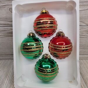 4 Victoria Collection Christmas Tree Ornaments Red Green Gold Glitter Stripe Vtg